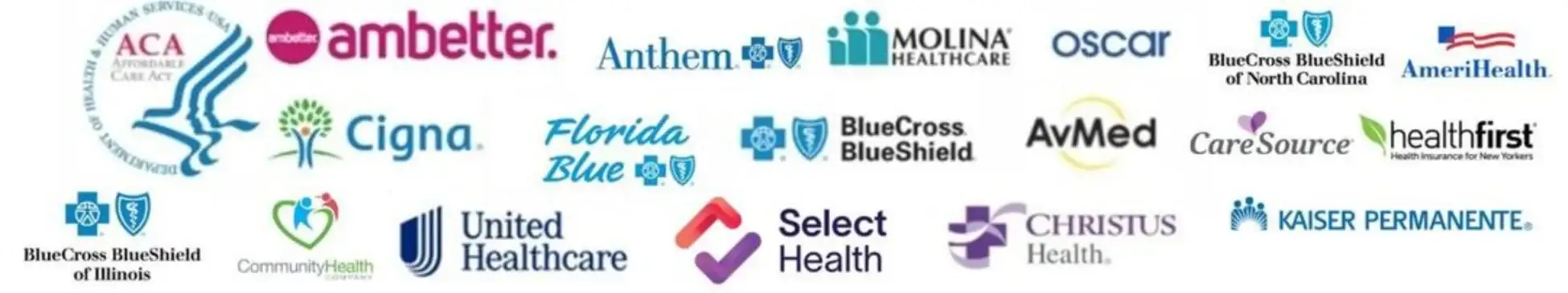 Logotipos de aseguradoras: ACA, Ambetter, Anthem, Molina Healthcare, Oscar, BlueCross BlueShield, AmeriHealth, Cigna, Florida Blue, AvMed, CareSource, Healthfirst, Community Health, UnitedHealthcare, Select Health, Christus Health y Kaiser Permanente