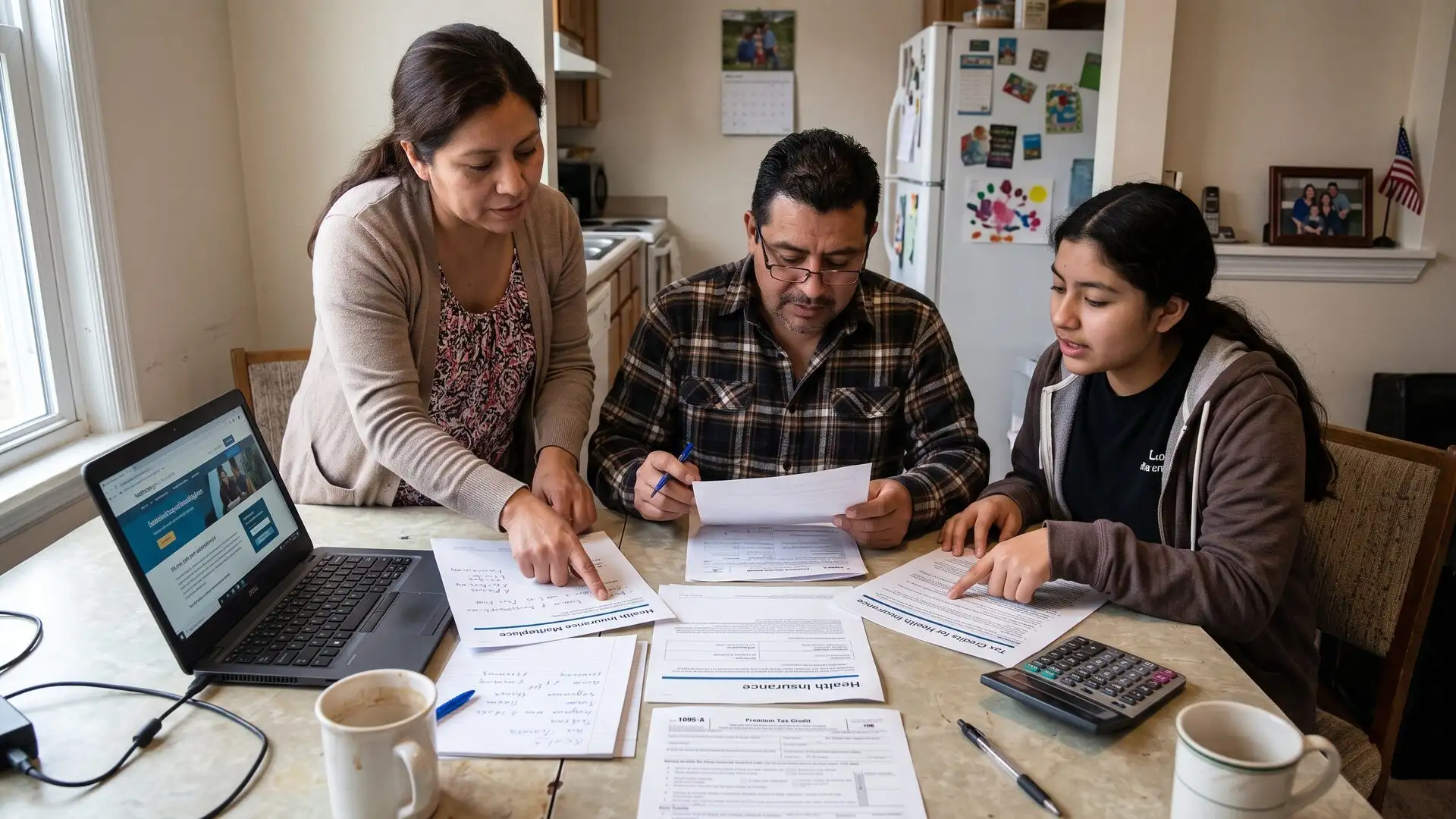 Una familia revisa en la mesa de la cocina formularios del seguro médico y del crédito fiscal junto a una computadora portátil y una calculadora